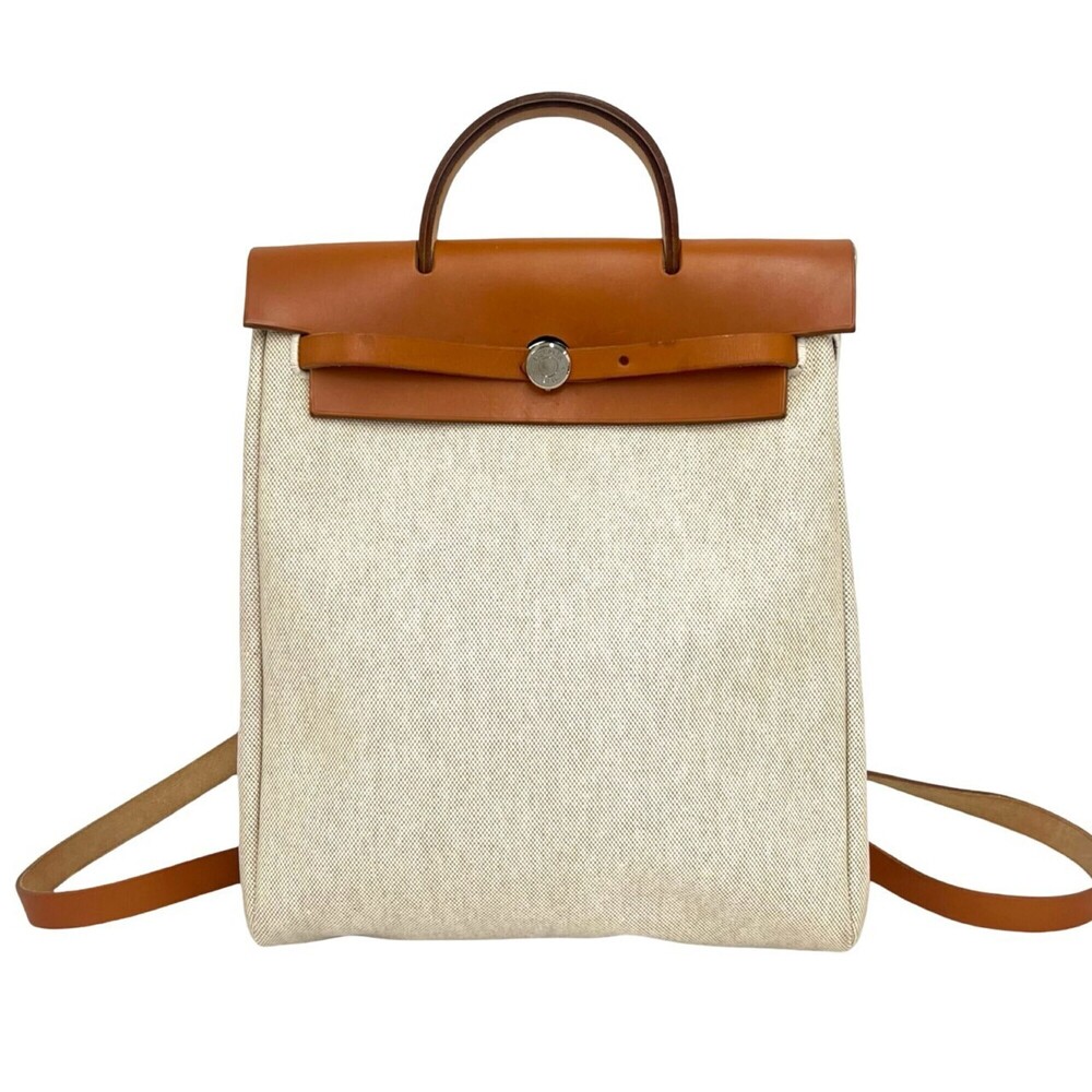 HERMES Herbag Ad PM Toile H Leather Backpack Gold Ivory 23625